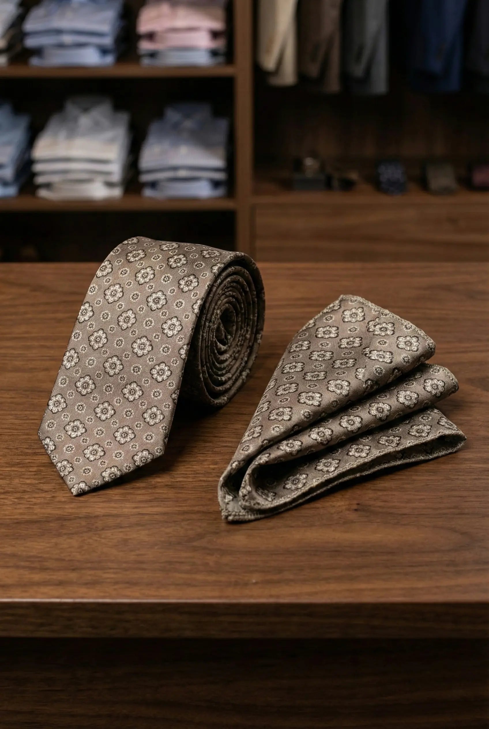 Set Cravată - Batistă GRI cu model