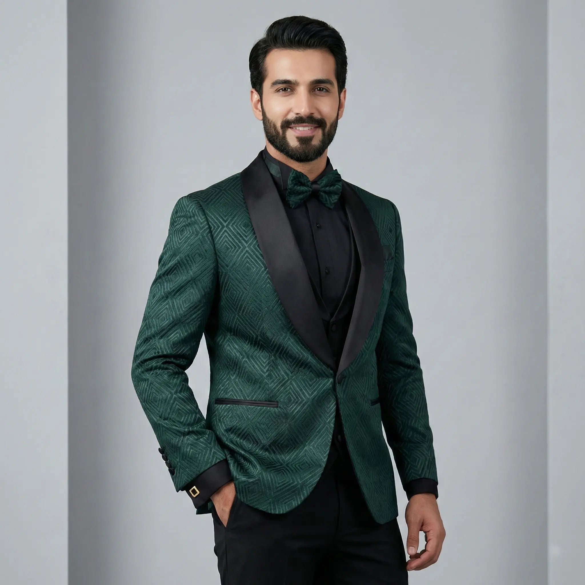 DAVID | Smoking VERDE din catifea cu model romb