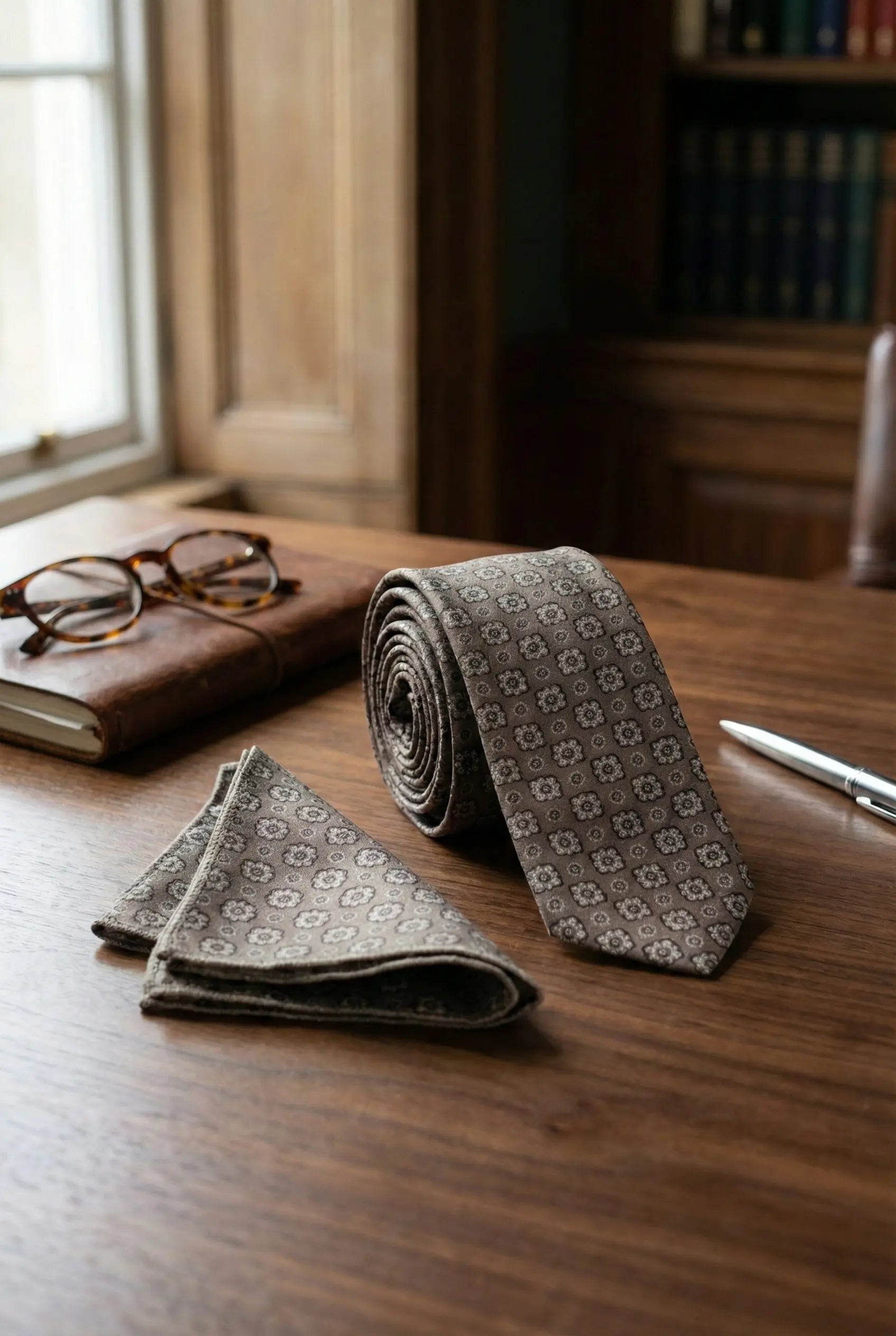 Set Cravată - Batistă GRI cu model